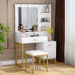 Elegant Makeup Vanity Table Set with Lighted Mirror, Storage Cabinets and Stool