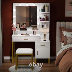 Elegant Makeup Vanity Table Set with Lighted Mirror, Storage Cabinets and Stool