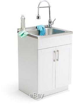 Faucet Sink Stainless Steel Laundry White Cabinet Shaker Doors Furniture Set New