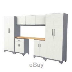 Garage Storage Cabinet Set Wooden Top White 72X132 In 24 Gauge Steel 8 Piece New