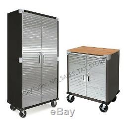 Garage Workshop Tool Box Workbench Tall & Short Rolling Storage Cabinet Set of 2