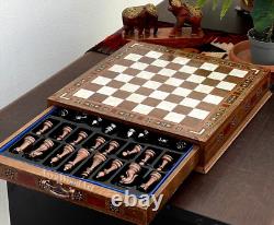 Handmade Chess Set With Luxury Drawers with Bronze Classic Metal Chess Pieces
