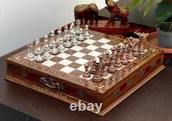 Handmade Chess Set With Luxury Drawers with Bronze Classic Metal Chess Pieces