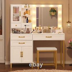 LED Makeup Vanity Set with Glass Top Drawers & Double Door Cabinet Dressing Desk
