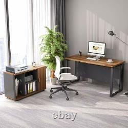 L Shaped Computer Office Working Desk Set with File Cabinet Dark Walnut for Home