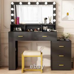 Led Lighted Vanity Set with Stool& Mirror Makeup Dressing Table 5Drawer Cabinet