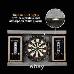 NEW 40 Dartboard Cabinet & Dart Board Set LED Lights 6 Steel Tip Darts Flights