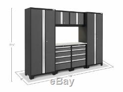 NewAge Bold 3.0 Cabinet 7 Piece Set Gray Doors Stainless Steel Top Workbench