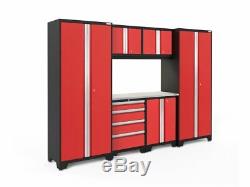 NewAge Bold 3.0 Cabinets Workbench 7 PC Set Red Stainless Steel Top & LED Light