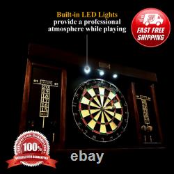 New Beautiful 40 Dartboard Cabinet Set LED Lights Steel Tip Darts Brown Black