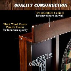 New Dartboard Cabinet Set LED Light Steel Tip Brown Black Dual easy Wipe Cricket