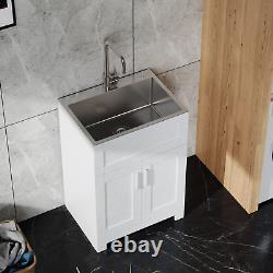 Set of 24 White Laundry Utility Cabinet with Stainless Steel Sink and Faucet, USA