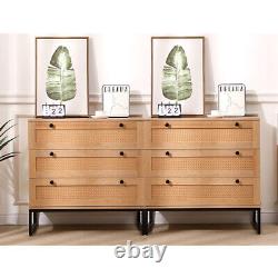 Set of 2 Rattan Bedroom Storage Dresser 3 Drawers withCabinet Wood Furniture Chest