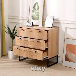 Set of 2 Rattan Bedroom Storage Dresser 3 Drawers withCabinet Wood Furniture Chest