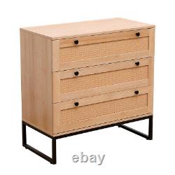 Set of 2 Rattan Bedroom Storage Dresser 3 Drawers withCabinet Wood Furniture Chest