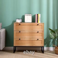 Set of 2 Rattan Bedroom Storage Dresser 3 Drawers withCabinet Wood Furniture Chest