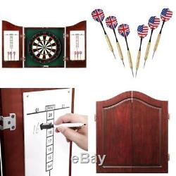 Steel Tipped Darts Cabinet Set US Flag British Solid Wood Dartboard Holder New
