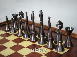 VINTAGE CHESS SET STEEL AND COPPER K 105 mm AND ITALIAN CHESS CABINET