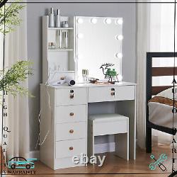 Vanity Dressing Desk Makeup Dresser Table With Stool Set & LED Lighted Mirror