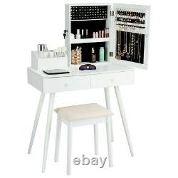 Vanity Makeup Dressing Jewelry Cabinet Table Set WithStool Top Mirror 2 Drawers LH