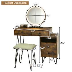 Vanity Table Stool Set Dimmer LED Mirror Large Cabinet Drawer Rustic Brown