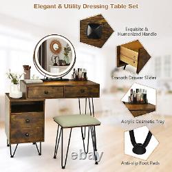 Vanity Table Stool Set Dimmer LED Mirror Large Cabinet Drawer Rustic Brown