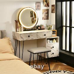 Vanity Table Stool Set Dimmer LED Mirror Large Storage Cabinet Drawer White