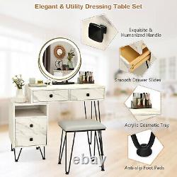 Vanity Table Stool Set Dimmer LED Mirror Large Storage Cabinet Drawer White