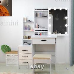 Vanity Table Stool Set with Sliding LED Lighted Mirror 4-Drawers Organizer Cabinet