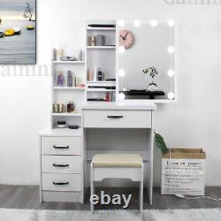 Vanity Table Stool Set with Sliding LED Lighted Mirror 4-Drawers Organizer Cabinet