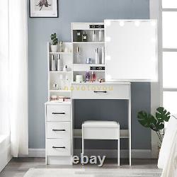 Vanity Table Stool Set with Sliding Lighted Mirror 4-Drawers Organizer Cabinet
