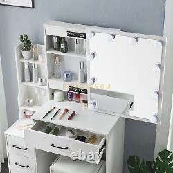 Vanity Table Stool Set with Sliding Lighted Mirror 4-Drawers Organizer Cabinet