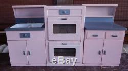 Vintage 1950s Structo GE Replica Pink Steel Kitchen 3pc Set Stove sink cabinet