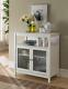 White Finish Wood Kitchen Storage Buffet Cabinet With Glass Doors