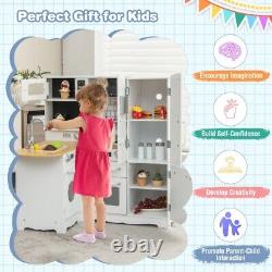 Wooden Kids Corner Kitchen Playset Toddlers Storage Cabinet Cooking Toys WithStove