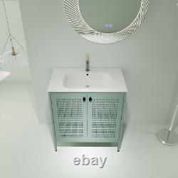 30 Moderne Cabinet de vanité de salle de bain en acier autonome avec lavabo encastré, couleur verte.