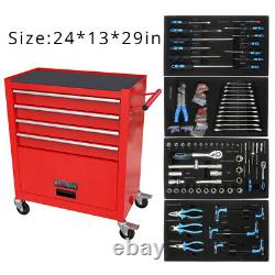 Armoire à outils à 4 tiroirs avec ensembles d'outils avec boîte à outils à roulettes avec poignée rouge