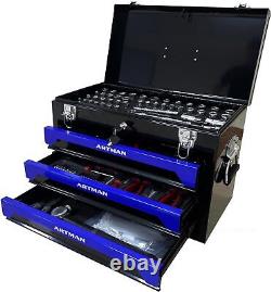Boîte à outils à 3 tiroirs avec ensemble d'outils, armoire de rangement pour ensemble d'outils manuels à 3 niveaux de mécanicien