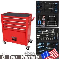 Boîte à outils roulante à 4 tiroirs, chariot de rangement d'outils, armoire à outils avec ensemble d'outils rouge