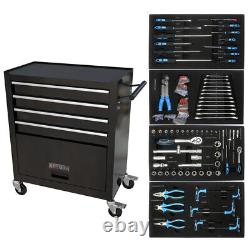Chariot à outils roulant à 4 tiroirs Boîte de rangement d'outils avec ensemble d'outils Coffre à outils en noir