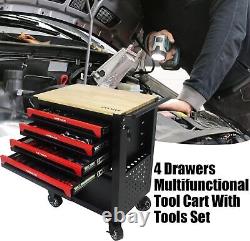 Chariot à outils roulant à 4 tiroirs avec boîte de rangement pour outils, ensemble d'outils et dessus en bois