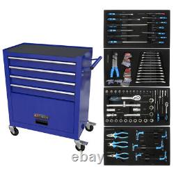 Chariot à outils roulant à 4 tiroirs avec coffre de rangement et jeu d'outils bleu