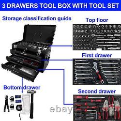 Ensemble d'outils, boîte en acier à 3 tiroirs avec trousse à outils pour la maison et la réparation automobile
