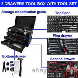 Ensemble d'outils de 439 pièces Aukfa Boîte à outils en acier à 3 tiroirs Kit d'outils de réparation automobile noir