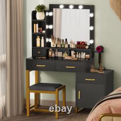 Ensemble de coiffeuse éclairée à LED avec miroir coulissant, table de maquillage et tiroirs armoire.