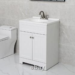 Ensemble de meuble de salle de bain blanc avec vanité de 24 pouces, armoire, vasque en résine, robinet en acier inoxydable, et drain.