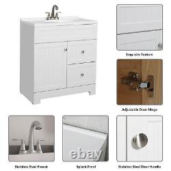 Ensemble de meuble-lavabo blanc de 30 pouces avec cabinet, vasque en résine et robinet en acier inoxydable.