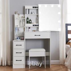 Ensemble de table de maquillage avec miroir coulissant et cabinet à 4 tiroirs, équipé de 10 ampoules LED, de couleur blanche.