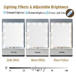 Ensemble de table de maquillage avec miroir coulissant et cabinet à 4 tiroirs, équipé de 10 ampoules LED, de couleur blanche.