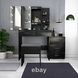 Ensemble de table de toilette à porte coulissante Black Mirror, ensemble de cabinet de maquillage avec tiroirs et lumières
